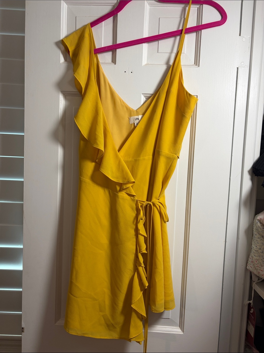 LPA Mustard One-Shoulder Ruffle Wrap Dress